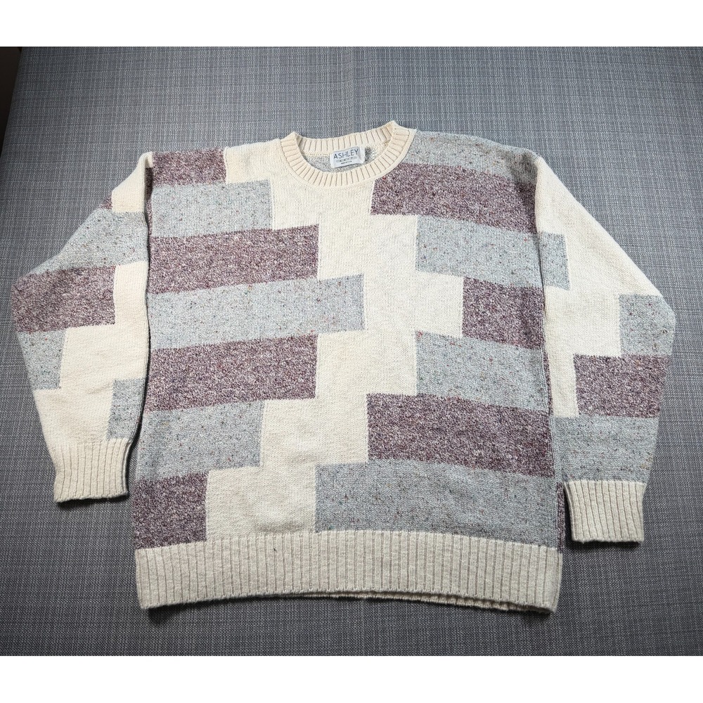 Ashley Knit Sweater‎ Mens XL Multicolor Geometric Cotton Crew Neck Ribbed Trim